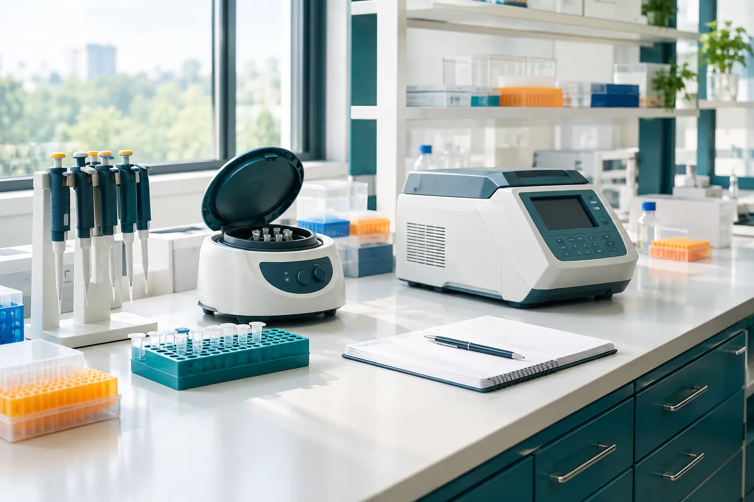 Molecular biology laboratory bench with pipettes and sample tubes