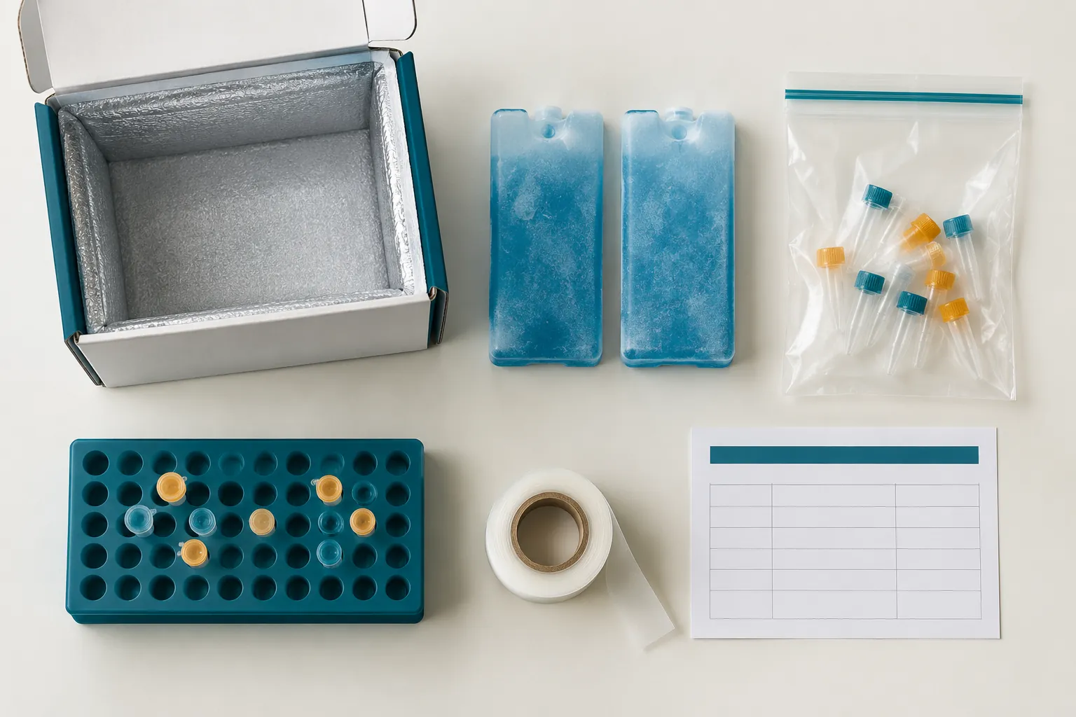 Labelled sample tubes packed with ice packs for shipping