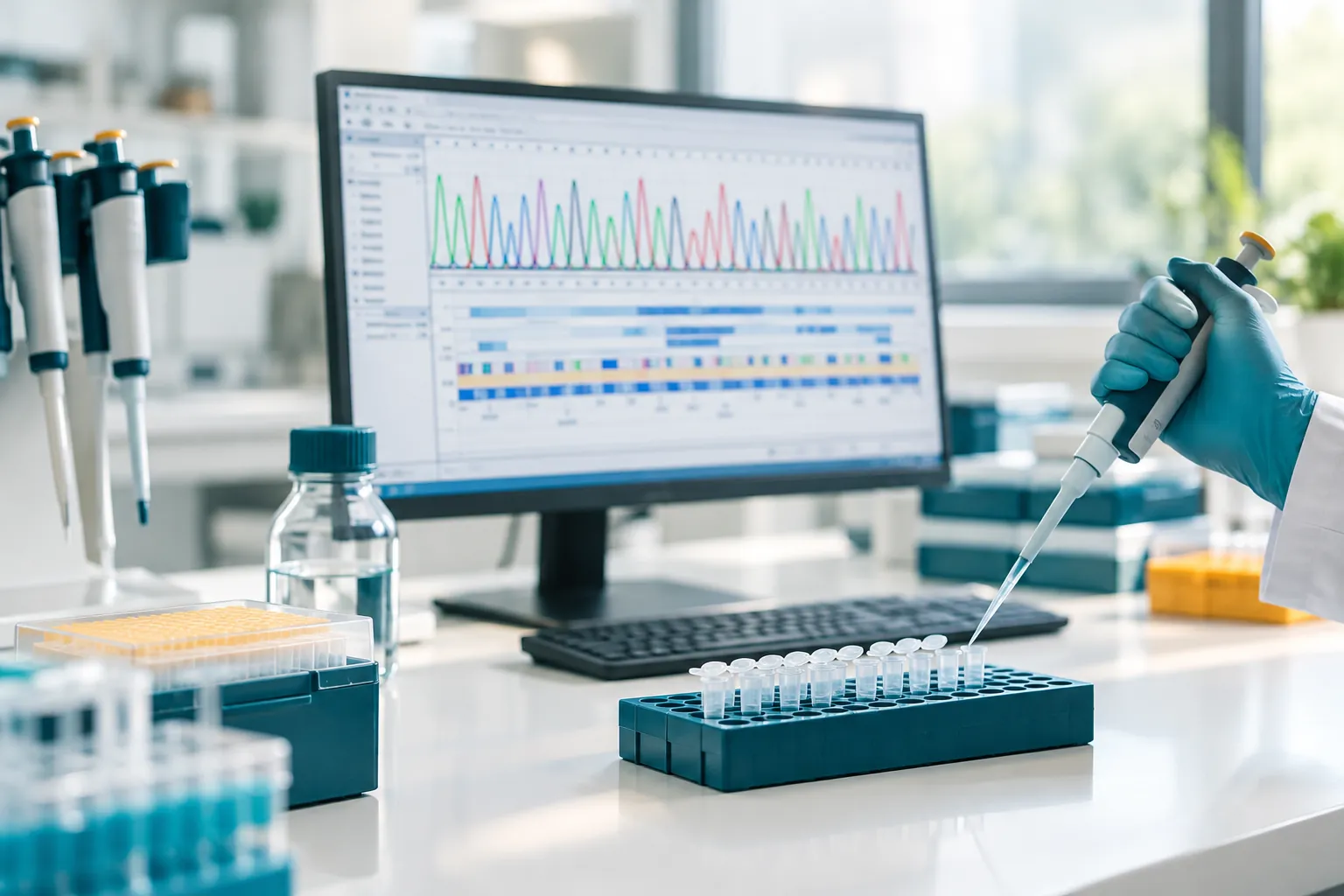 DNA sequencing data on a laboratory screen